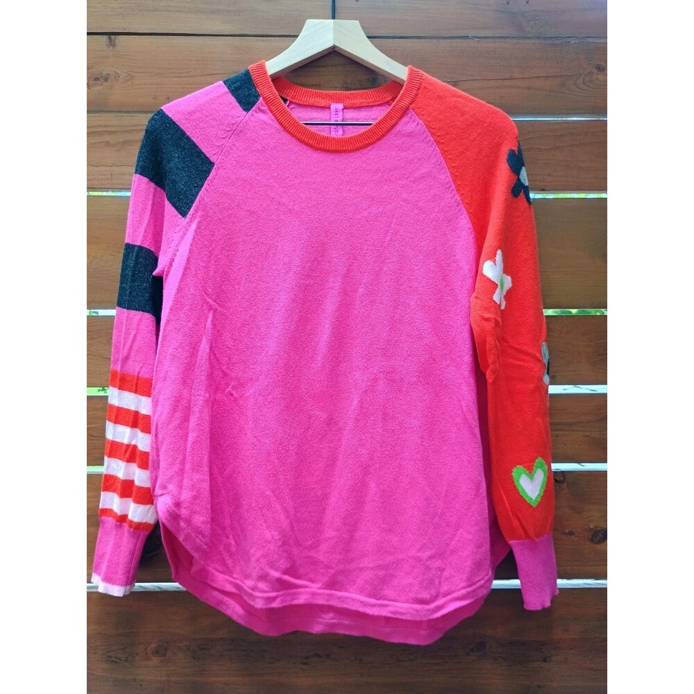 Zaket And Plover Ladies Small Cashmere Cotton Flower Stripe Sweater Sz S Pink